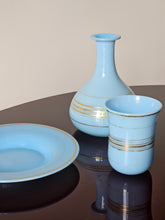 Load image into Gallery viewer, Bottiglia da notte in vetro opalino azzurro e righe oro