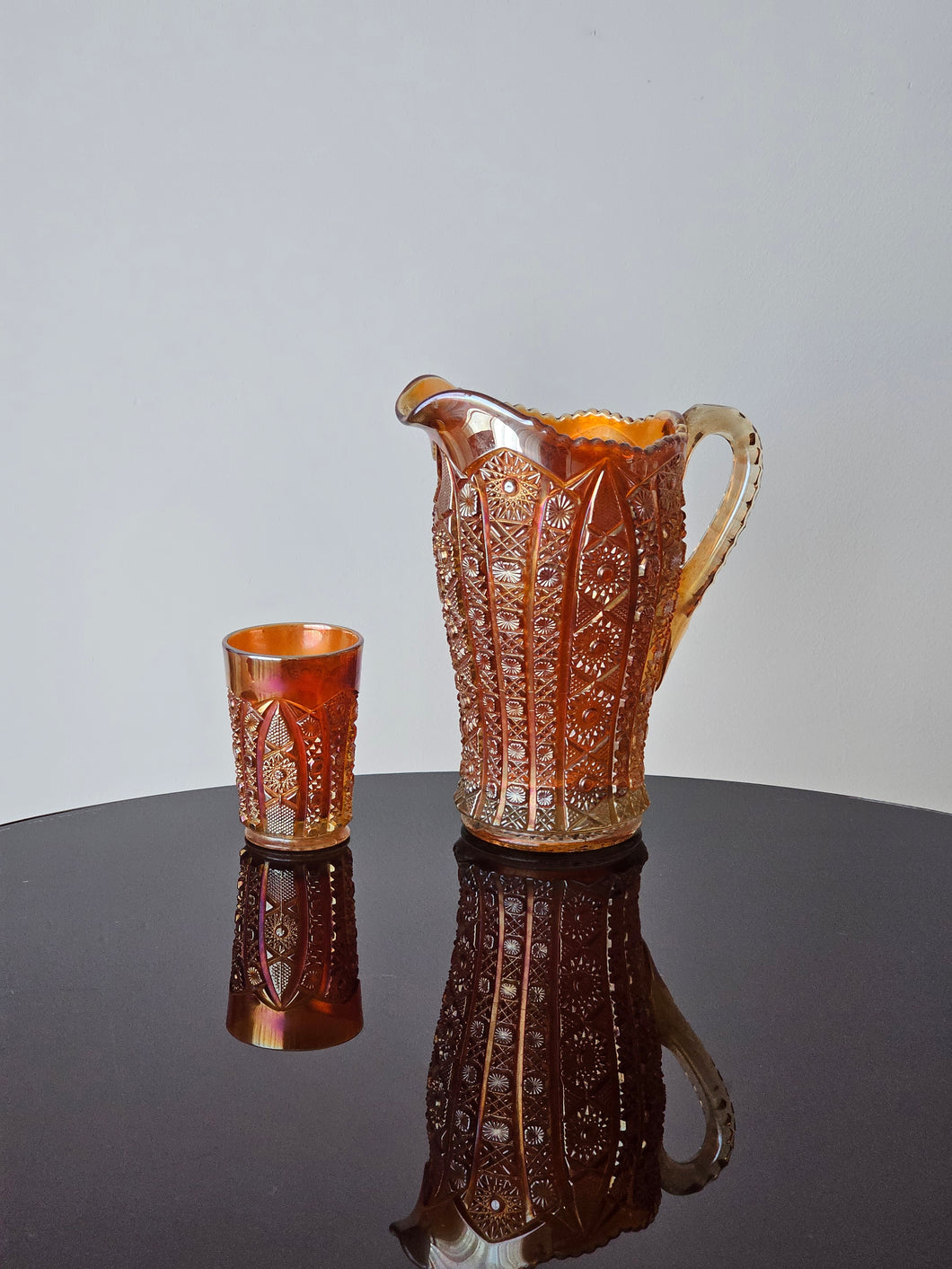 Set da tavola bicchieri + brocca Carnival Glass Marigold made in U.S.A.